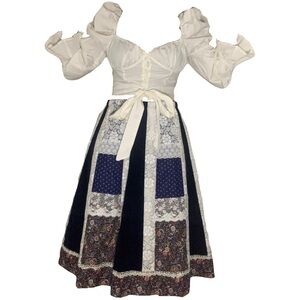 Cottagecore Patchwork Floral Print Navy blue Velvet Ivory Lace Midi Skirt